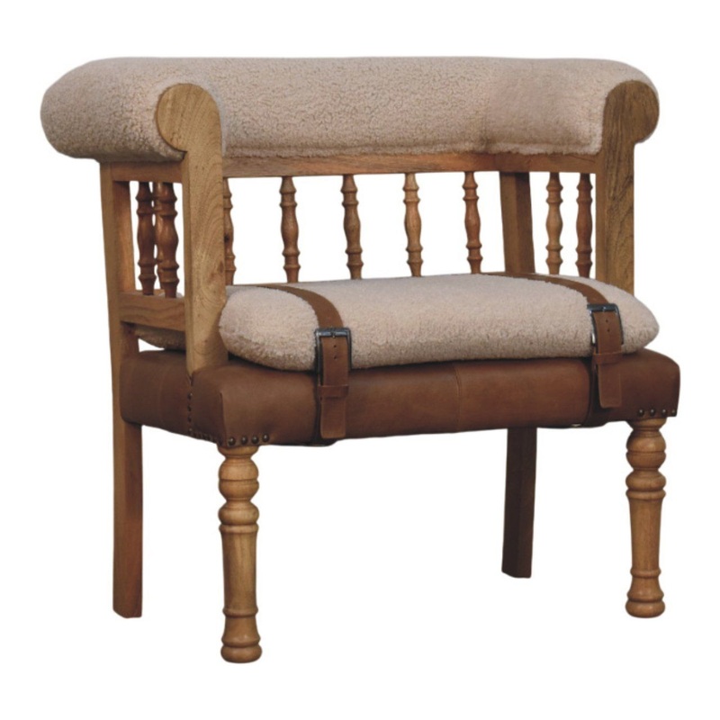 Strapped Hallway Boucle Bench – Beige / Brown