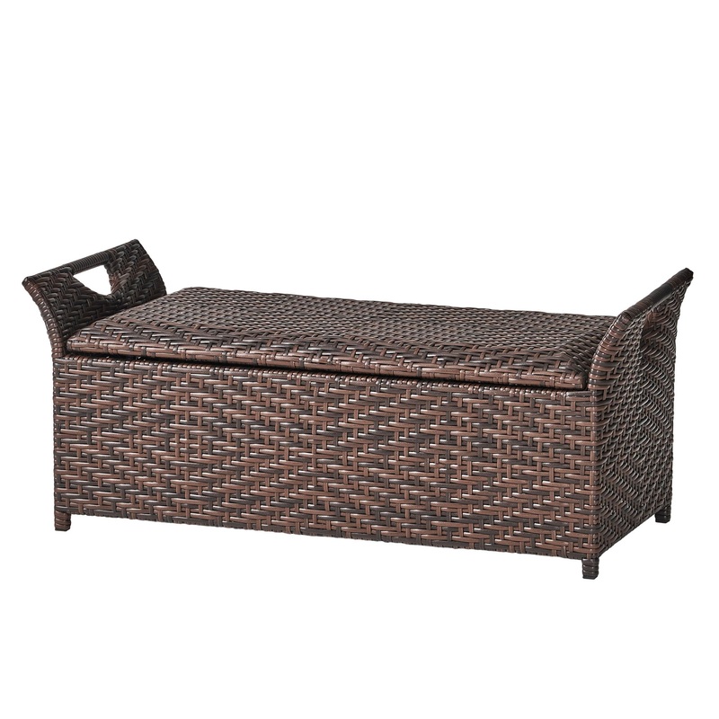Outdoor Rattan Bench With Flair Arm And Storage – Brown