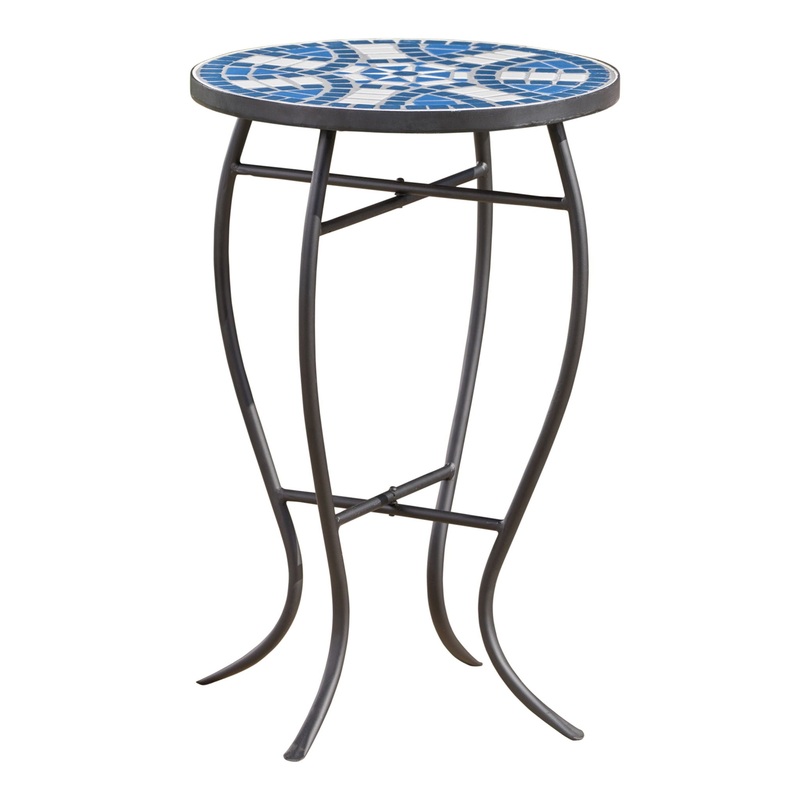 Outdoor Round Side Table With Mosaic Style Top And Curved Iron Legs – Blue / Matte Black
