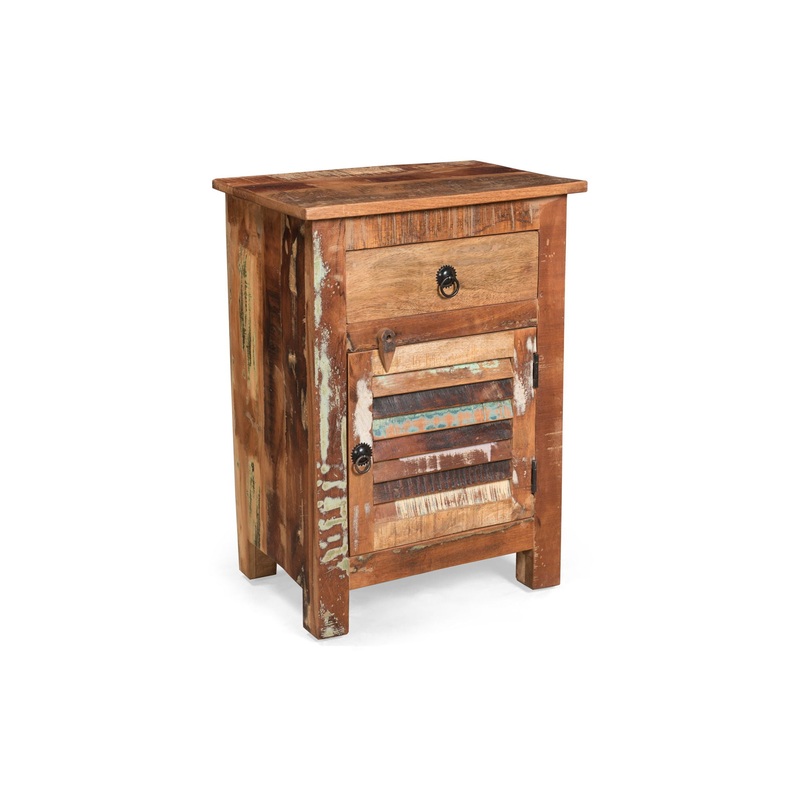 Recycled Wood Side Table With Drawer And Door – Natural