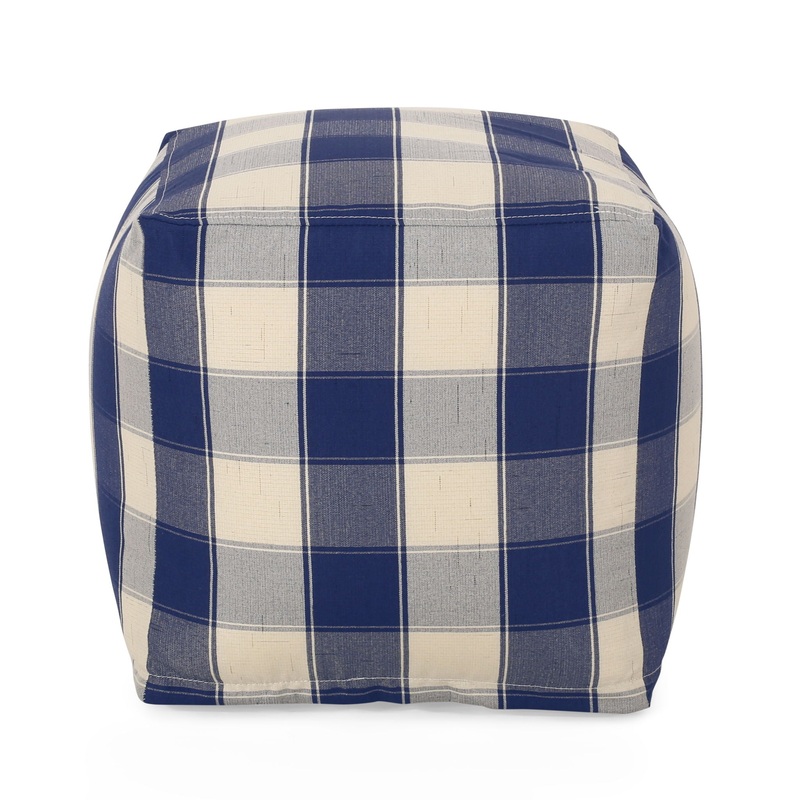 Connor – Checkered Square Pouf Ottoman And Floor Cushion – Ivory / Navy