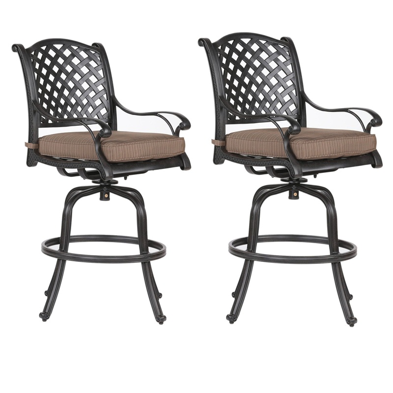 Elegant Cast Aluminum Counter Stool Set With Cushions, All Weather Design – Dark Brown