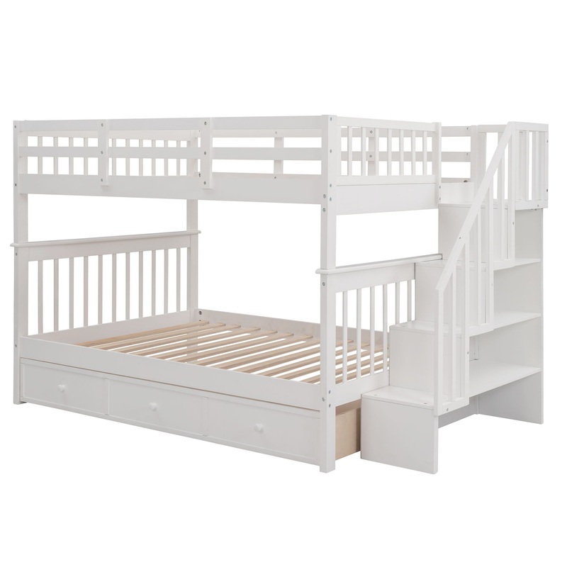 Full Over Full Stairway Bunk Bed With Drawer, Storage And Guard Rail For Bedroom – White