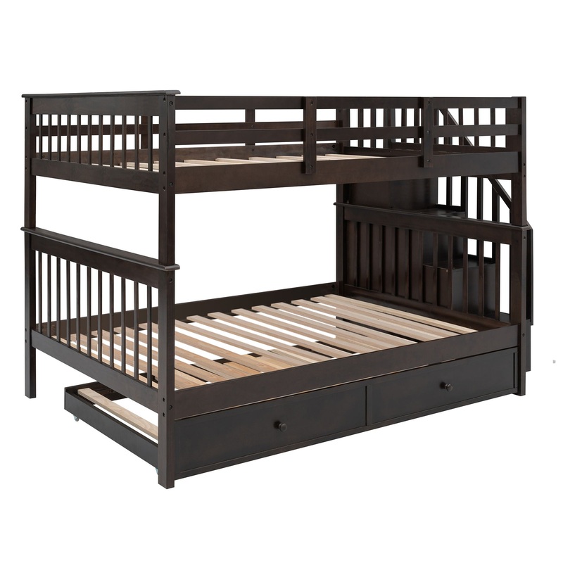 Full Over Full Stairway Bunk Bed With Twin Size Trundle, Storage And Guard Rail For Bedroom – Espresso