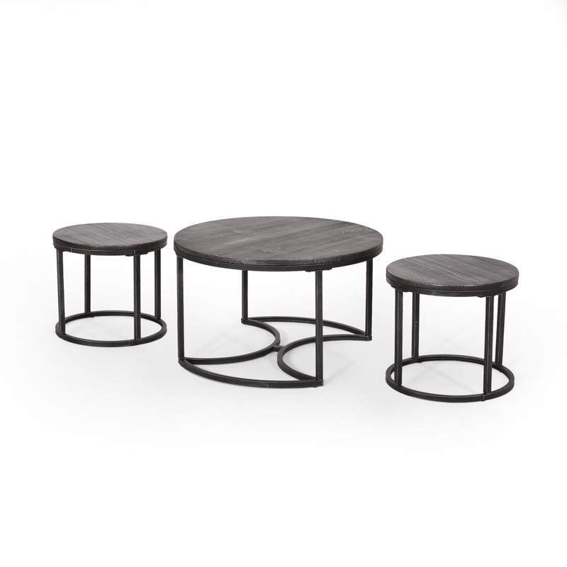 Icebergs – 3 Piece Coffee Table Set With Wood Top And Iron Base – Black / Gray