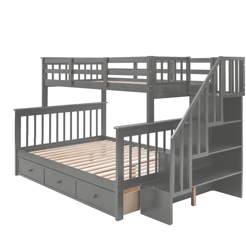 Twin Over Full Stairway Bunk Bed With Drawer, Storage And Guard Rail For Bedroom – Gray