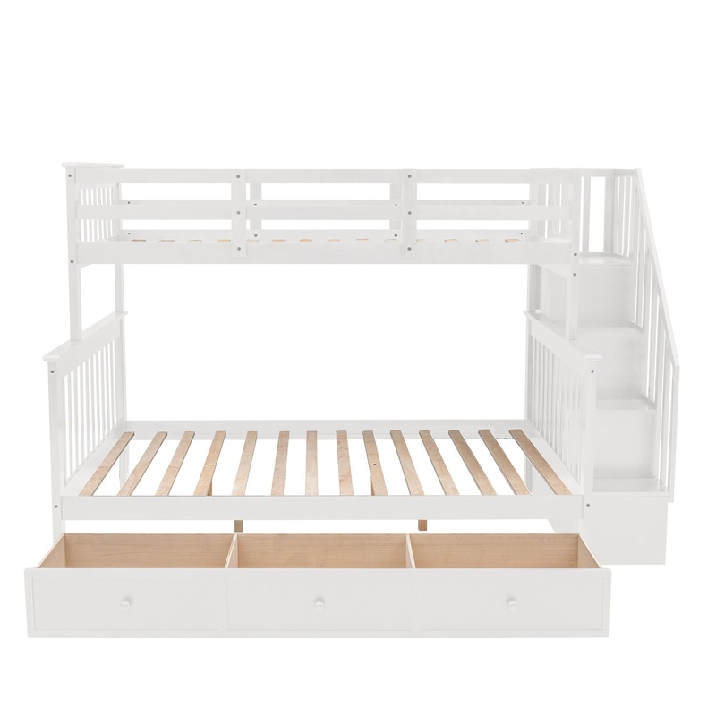 Twin Over Full Stairway Bunk Bed With Drawer, Storage And Guard Rail For Bedroom – White