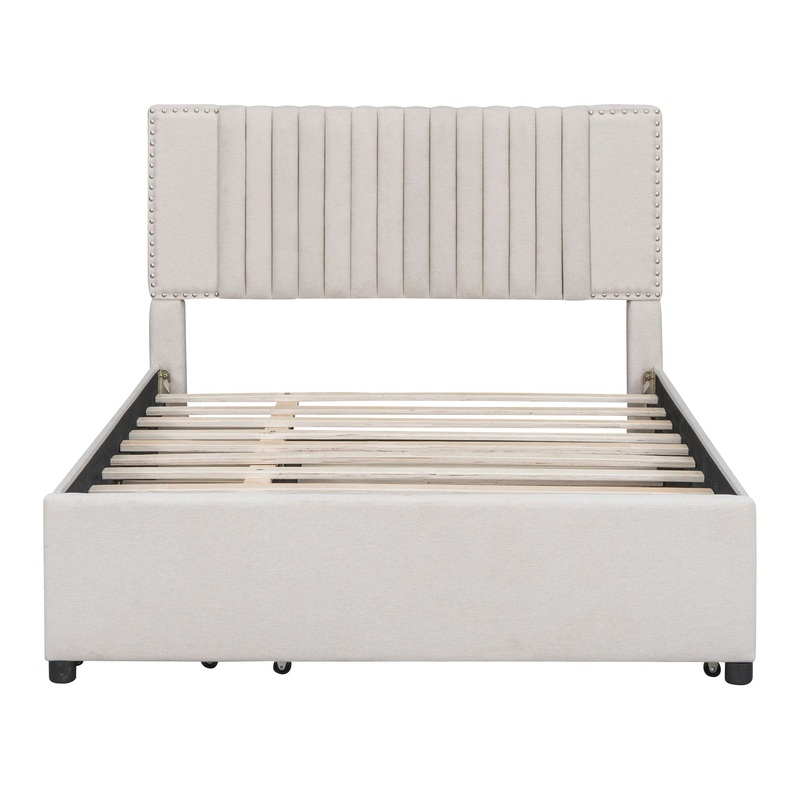 Full Size Upholstered Platform Bed With 2 Drawers And 1 Twin Size Trundle, Classic Headboard Design – Beige