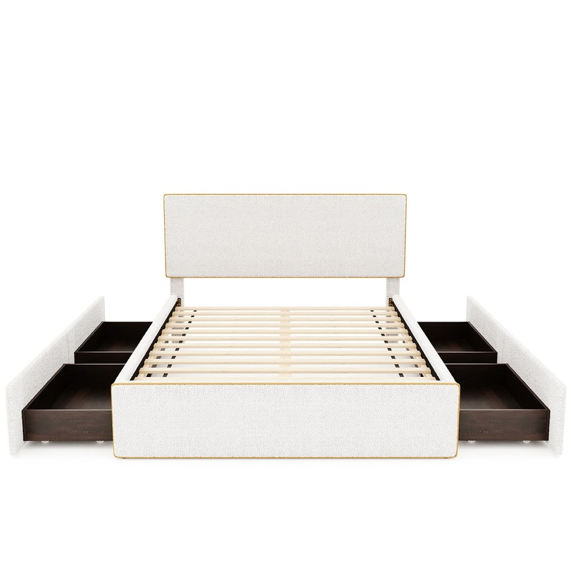 Full Size Upholstered Platform Bed With 4 Drawers And Edge On The Headboard & Footboard – White / Gold