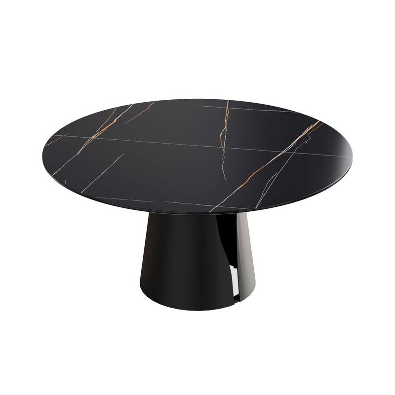 Modern Artificial Stone Round Carbon Steel Base Dining Table, Can Accommodate 6 People – Black / Gold