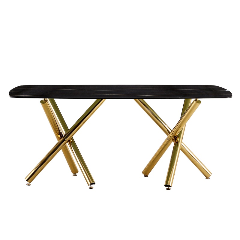 Modern Minimalist Rectangular Dining Table With Imitation Marble Glass & Metal Legs – Black / Gold