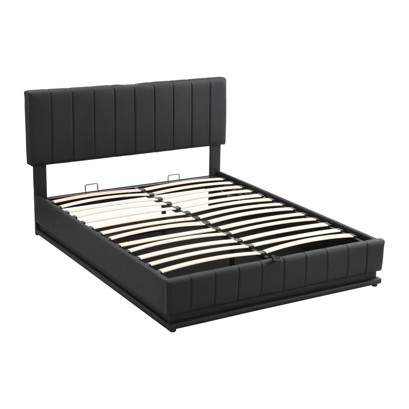 Queen Size Upholstered Bed With Hydraulic Storage System And LED Light, With Sockets And USB Ports – Black