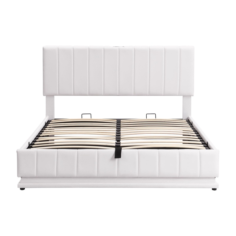 Queen Size Upholstered Bed With Hydraulic Storage System And LED Light, With Sockets And USB Ports – White