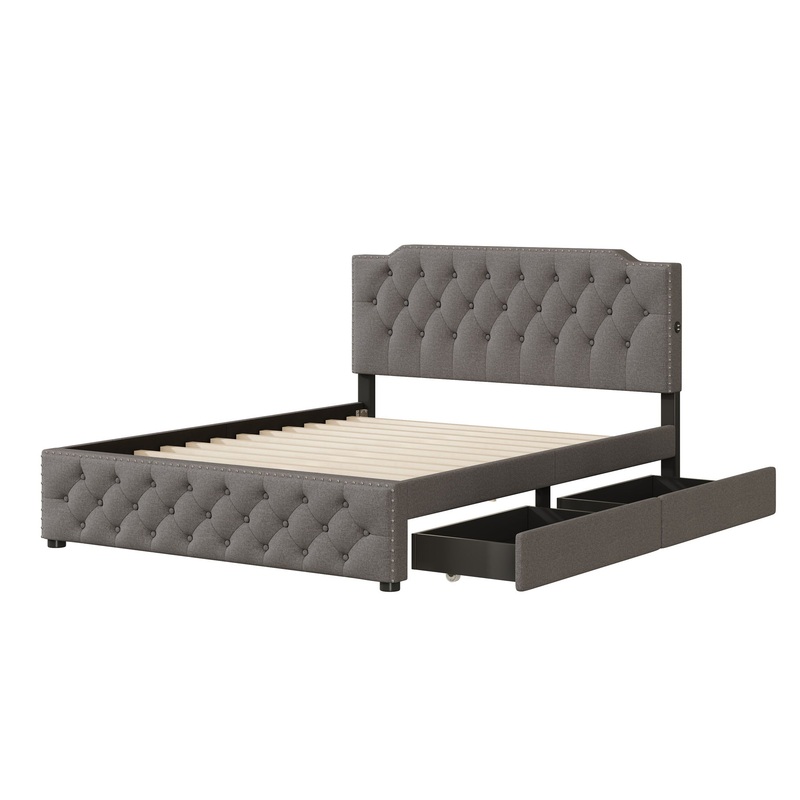 Queen Size Upholstered Platform Bed With 2 Drawers And 2 Sets Of USB Ports On Each Side – Gray