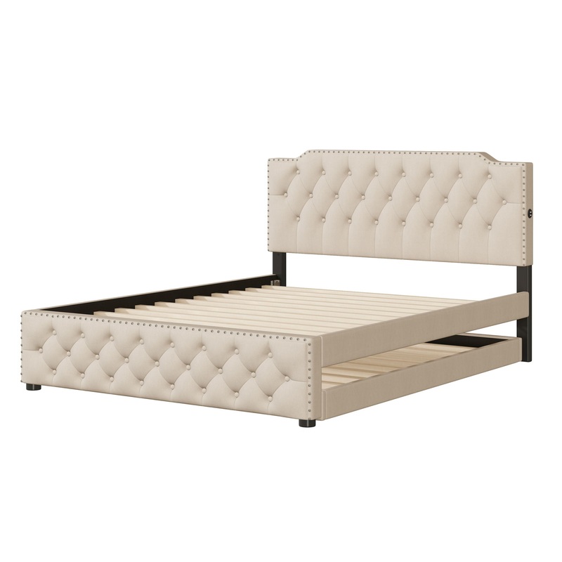 Queen Size Upholstered Platform Bed With Twin Size Trundle And 2 Sets Of USB Ports On Each Side – Beige