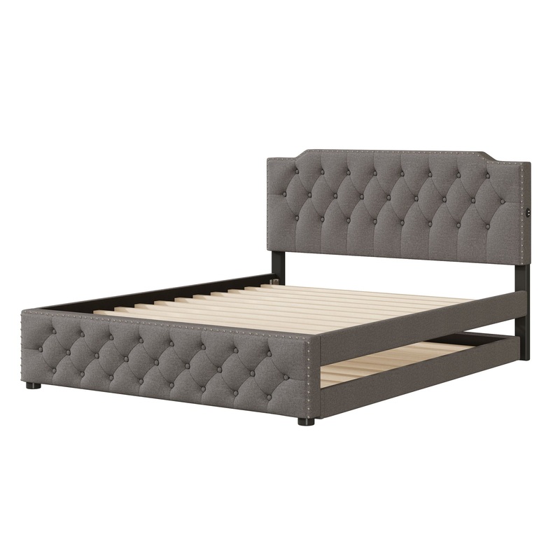 Queen Size Upholstered Platform Bed With Twin Size Trundle And 2 Sets Of USB Ports On Each Side – Gray