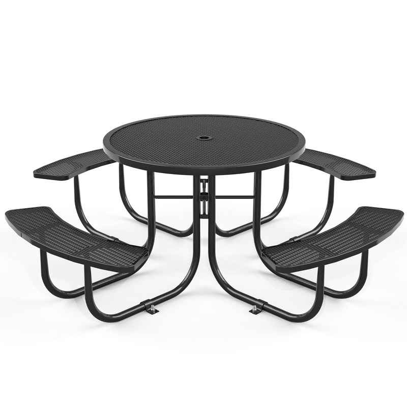 Round Outdoor Steel Picnic Table With Umbrella Pole – Black