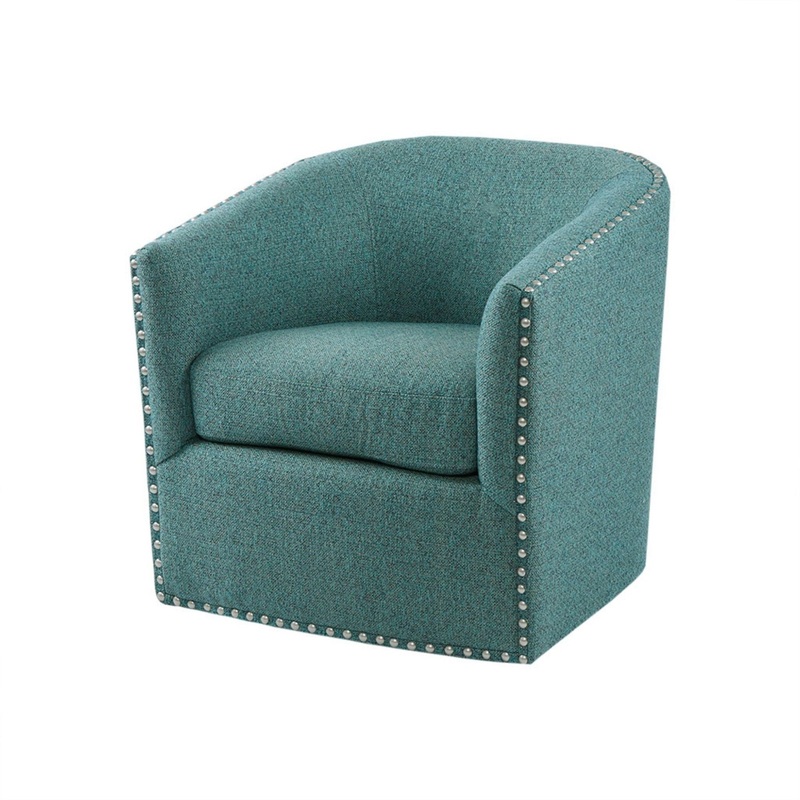 Swivel Chair With Foam Cushion And Pewter Nailhead Trim Upholstery, Solid Wood Frame – Green