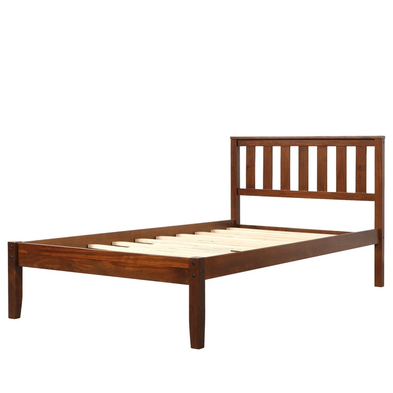 Twin Platform Bed With Headboard, Slat Support – Walnut