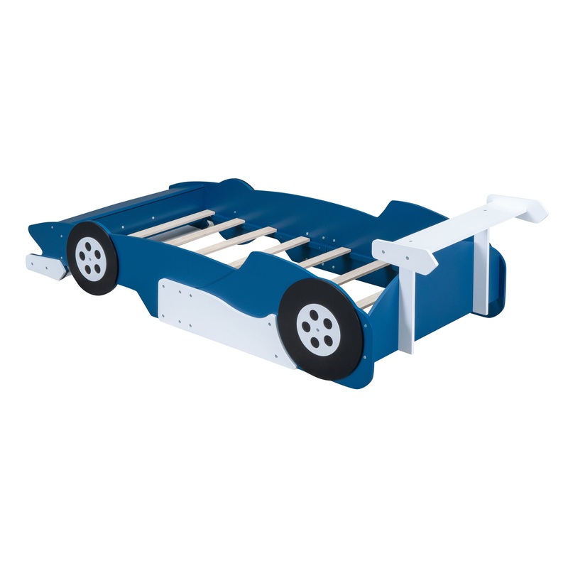 Twin Size Race Car-Shaped Platform Bed With Wheels – Blue