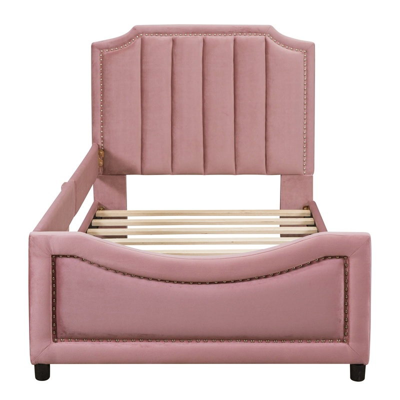 Twin Size Upholstered Daybed With Classic Stripe Shaped Headboard – Pink